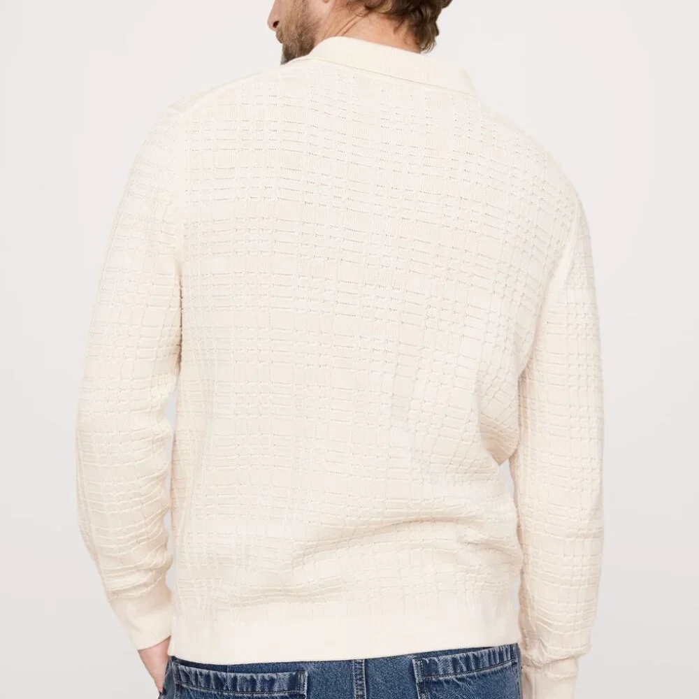 Banana Republic Plaid Texture Cotton Polo Cardigan, Cream White, Medium, EUC